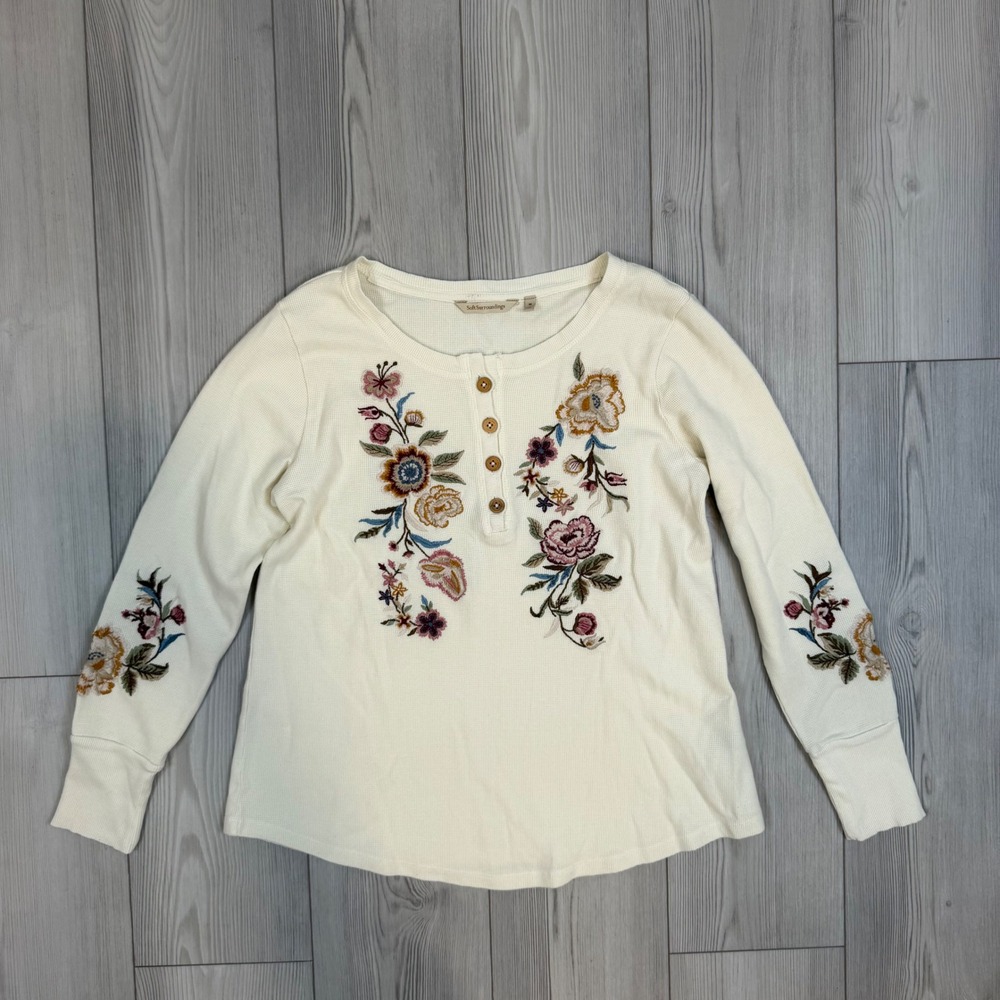 Soft Surroundings Floral Embroidered Waffle Knit Henley Top Ivory Cream Medium